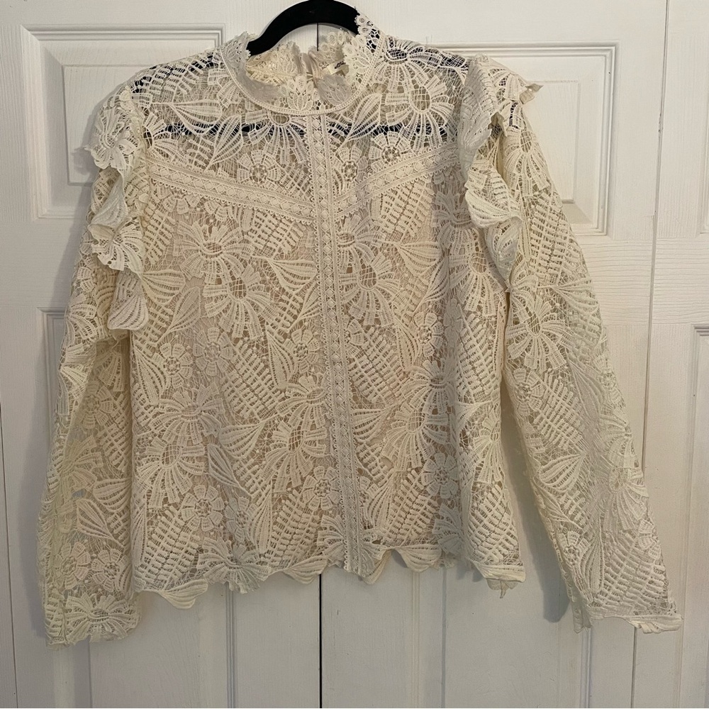 Ultra Pink White Cream Lace Long Sleeve Mock Neck Blouse Top Large